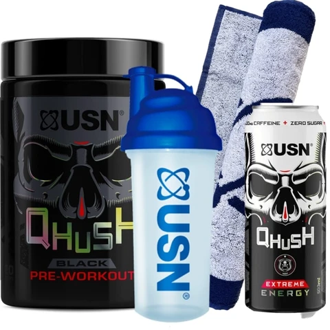 AKCE USN Qhush Black Pre - Workout 220g + ZDARMA Qhush drink 500ml + Šejkr 750ml + ručník