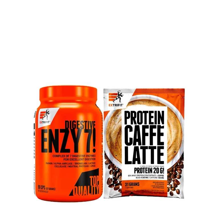 AKCE Extrifit Enzy 7! Digestive Enzymes 90 cps + ZDARMA Protein Caffe Latte 31 g
