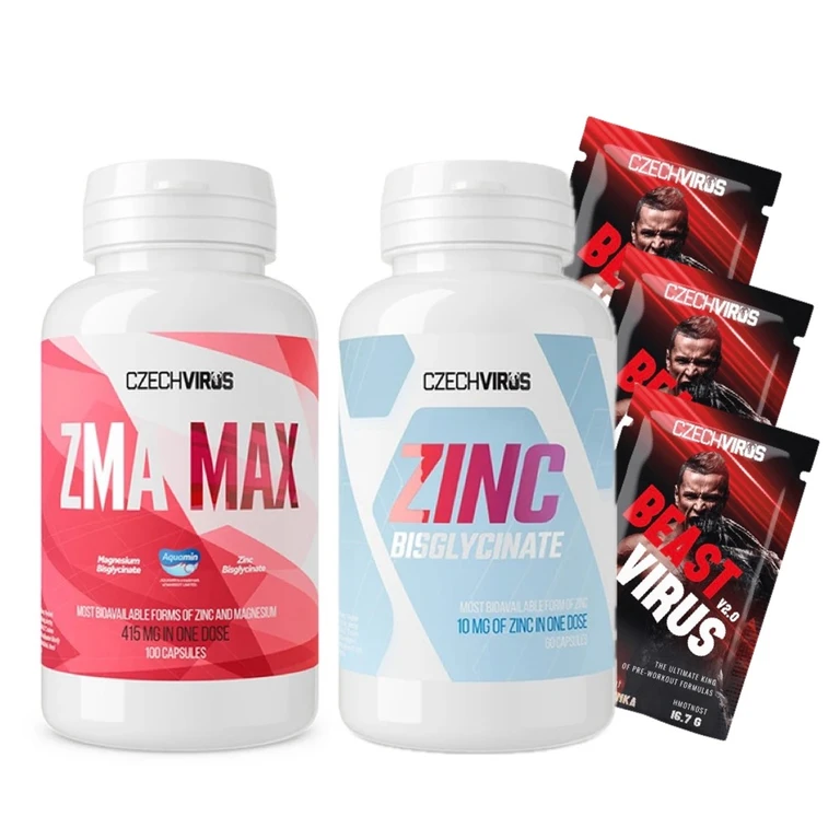 AKCE Czech Virus ZMA Max 100 cps + ZDARMA Zinc Bisglycinate 60 cps + 3x Beast Virus 16,7 g