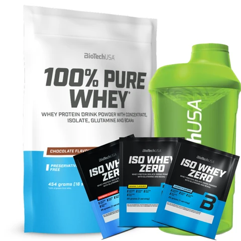 AKCE BioTech 100% Pure Whey 454 g + ZDARMA Šejkr 600 ml + 3x vzorek Iso Whey Zero 25 g